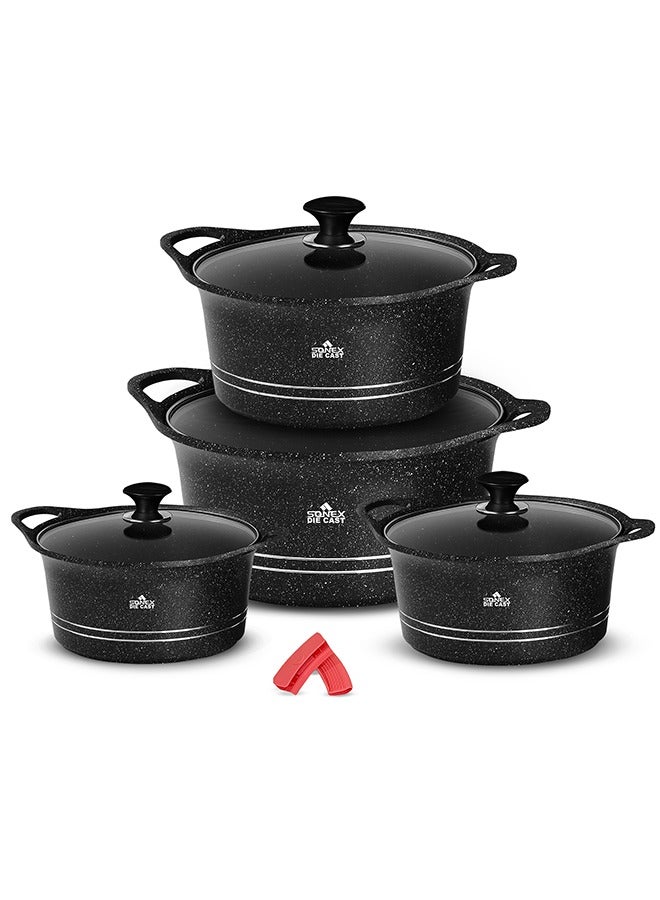 Sonex Diecast Eden King Non-Stick Cookware Set, 10-Piece, Glass Lids & Silicone Holders, 3L-13L, Advanced Korean Diecast Technology, Marble Non-Stick Coating, Dishwasher Safe, PTFE & PFOA-Free, Black